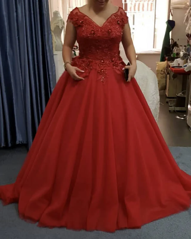 Season Finale Sale Red Tulle V-neck Plus Size Ball Gown Dress