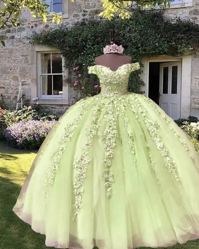 Best Bargains Light Sage Tulle Off Shoulder Ball Gown Appliques Dress