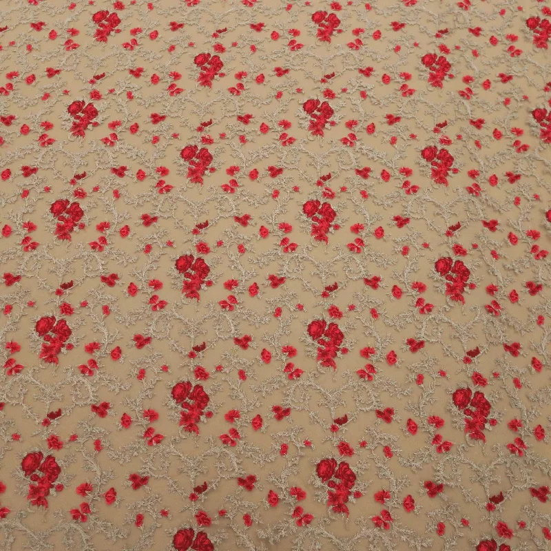 Price Blitz Nude Tulle with Silver and Red Floral Embroidery Fabric