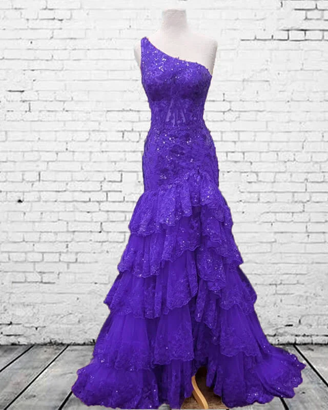 New Deals Mermaid One Shoulder Tiered Lace Dress