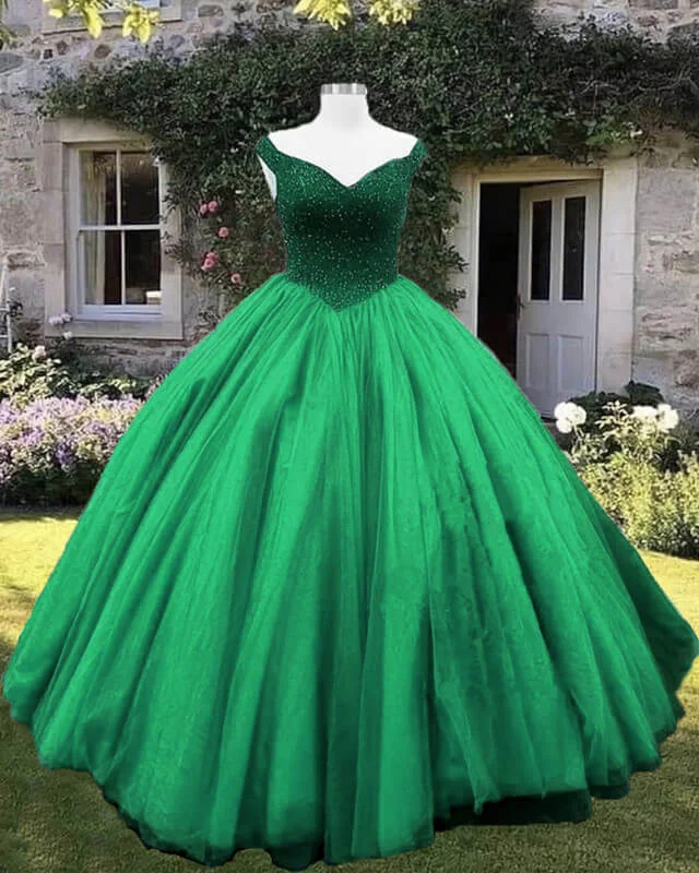 Weekend Flash Sale Beading V Neck Off Shoulder Ball Gown Dress
