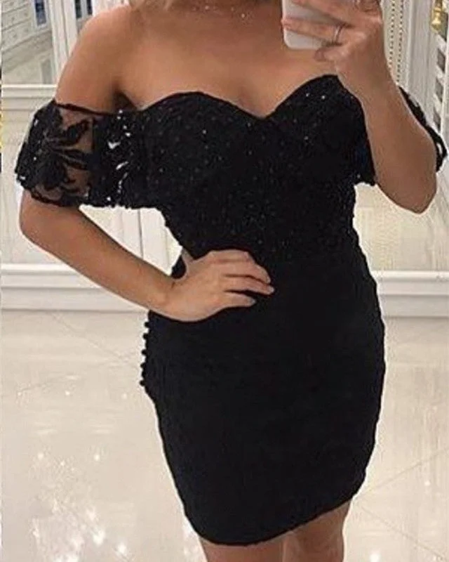 Price Drop Tight Black Lace Homecoming Dress Off Shoulder
