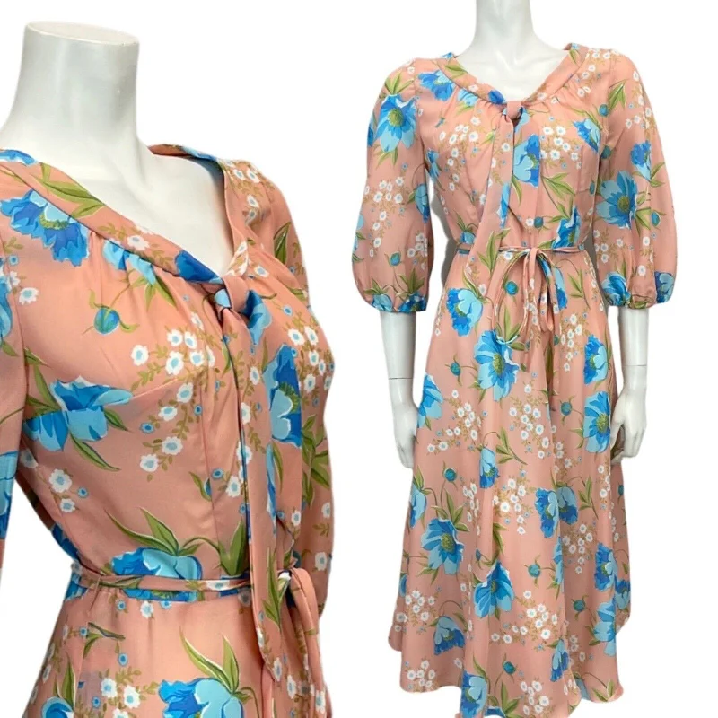 Price Blitz VINTAGE 60s 70s PASTEL PINK BLUE GREEN FLORAL PRINT MIDI TIE NECK DRESS 10 12