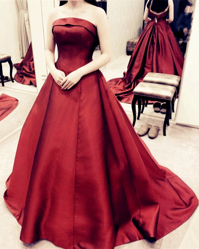 Flash Sale Strapless Ball Gown Satin Dresses Sweep Train
