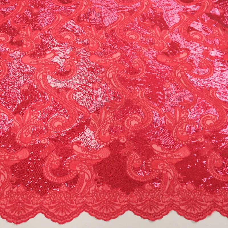 Holiday Sale Red with Sequins Arabesque Design Embroidered Tulle Fabric