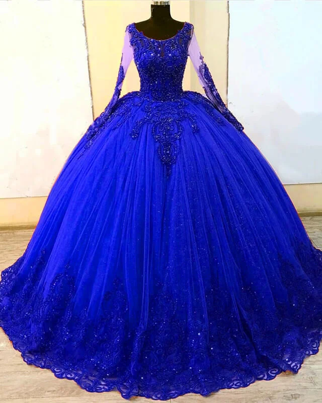 Blowout Deals Long Sleeves Royal Blye Tulle Appliques Ball Gown Dress