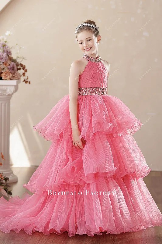 Hot Deal Ready To Ship | Pink Rhinestone Halter Layered Girls Pageant Dress