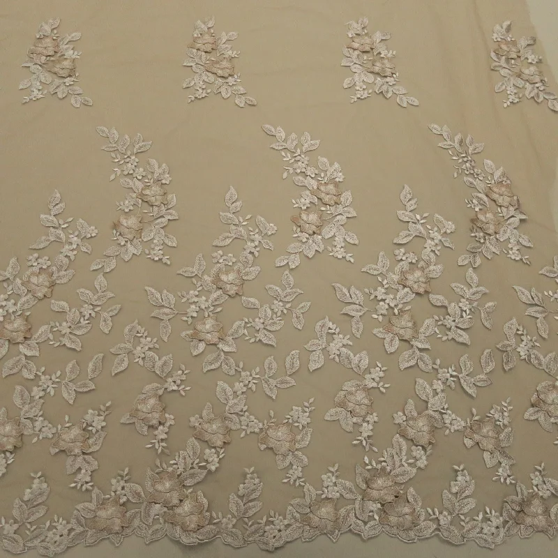Act Now Beige Nude Floral 3D High Relief Embroidery Tulle Fabric