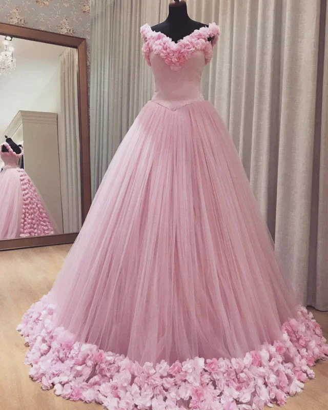 Special Promotion Pink Flowers Quinceanera Dresses Ball Gown Off The Shoulder