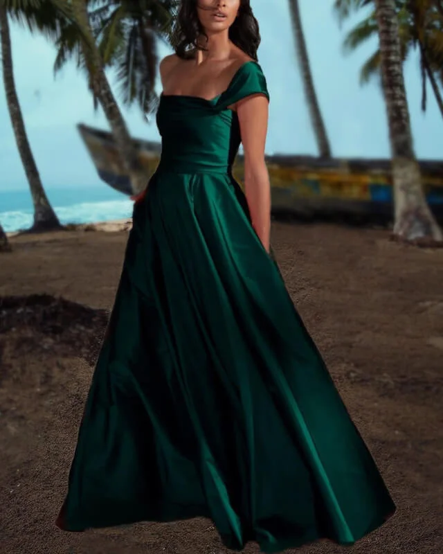 Act Now Dark Green One Shoulder Satin Dress