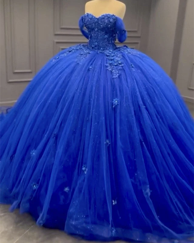 Unmissable Offer Royal Blue Tulle Off Shoulder Appliques Dress