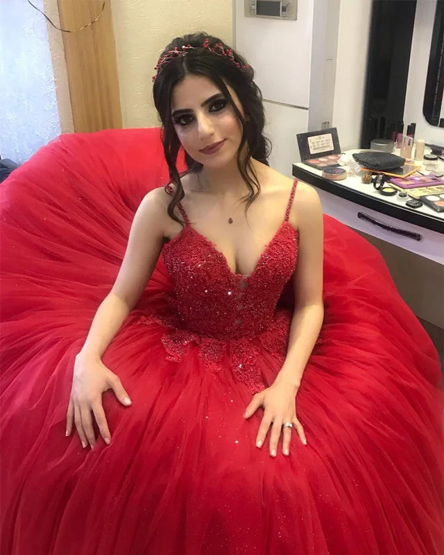 Special Savings Spaghetti Straps Ball Gown Tulle Dresses Lace V Neck