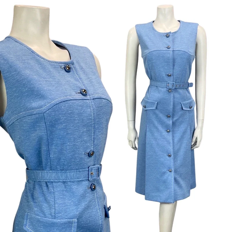 Lowest Price VINTAGE 60S 70S BLUE BUTTON DOWN MOD BELTED MIDI DRESS 10 12