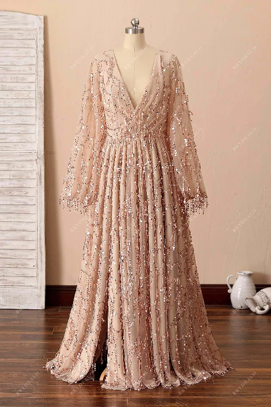 Time-Limited Offer Champagne Sequin Tassel Plus Size Long Prom Dress