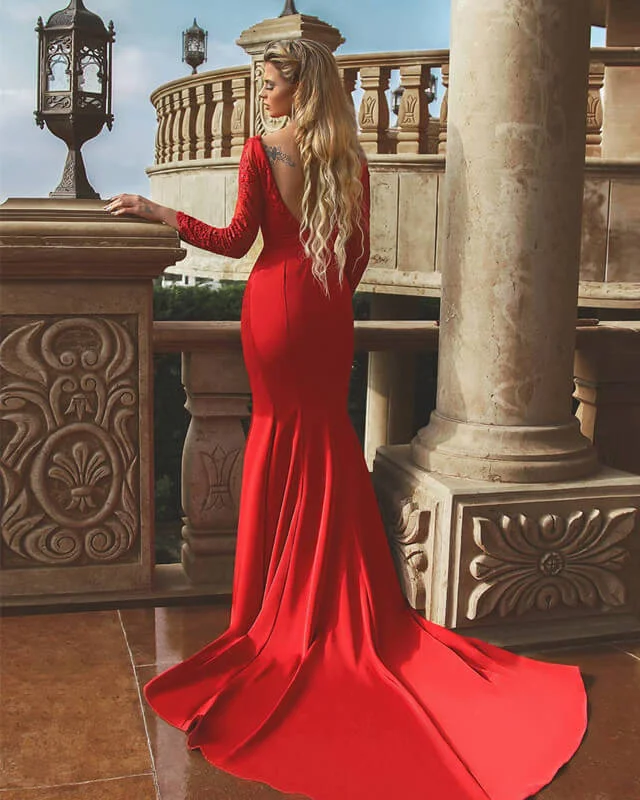 Buy Now Mermaid Red Satin Dress With Lace Sleeve