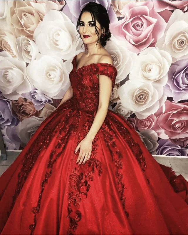 Don't Wait Red Wedding Dresses Sequins Lace Ball Gown Off The Shoulder