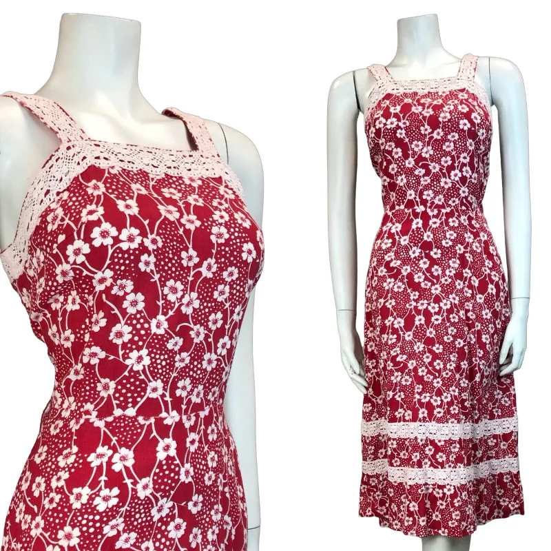 Bargain Blast VTG 70S RED WHITE FOLK COTTON FLORAL CROCHET SUMMER SUN DRESS 10 12