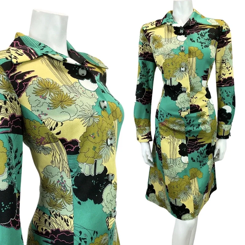 Exclusive Online Offer VINTAGE 60s 70s PASTEL YELLOW GREEN BOTANICAL PRINT MIDI DRESS 16