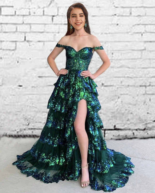 Super Bargain Green Sequin Lace Ruffles Prom Dress