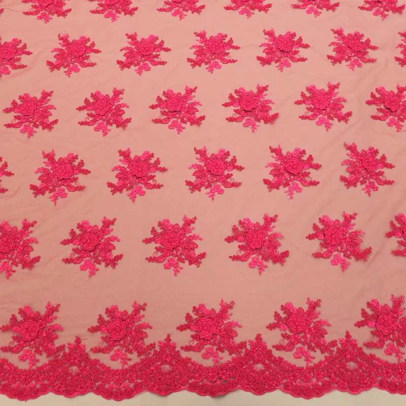 Hurry In Burgundy Floral Corded Double Scalloped Tulle Fabric