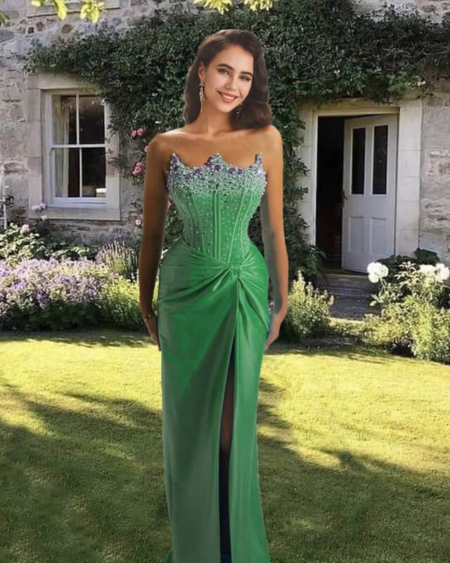 Midnight Madness Mermaid Beaded Strapless High Slit Satin Dress