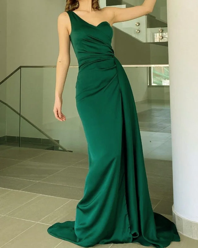 Unmissable Offer Mermaid Emerald Satin One Shoulder Dress
