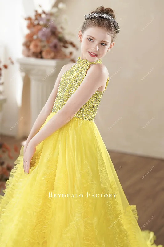 Exclusive Deal Ready To Ship | Yellow Rhinestone Halter Ruffled Young Girl Pageant Dress