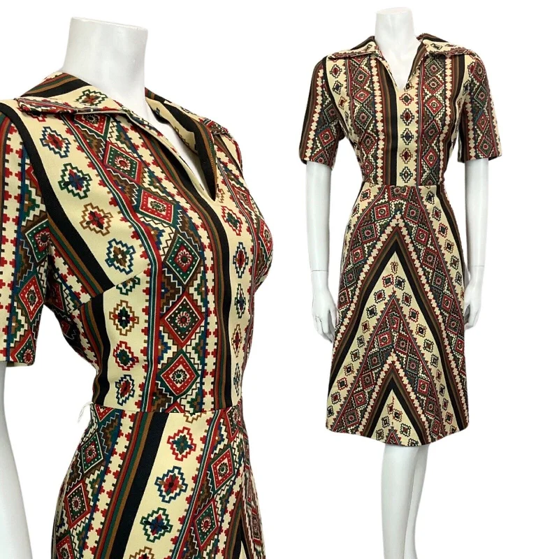 Weekend Deal VINTAGE 60s 70s TAN BROWN RED AZTEC FOLK A LINE MIDI DRESS 14
