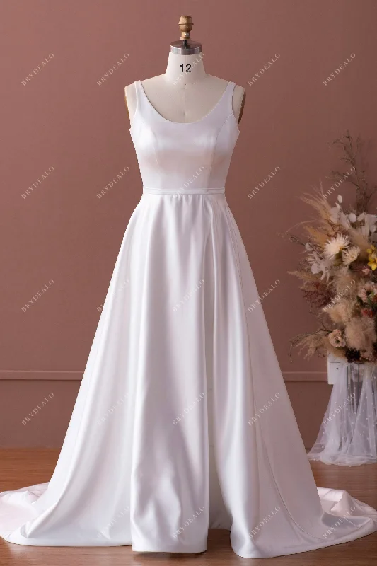 Stock Clearance Scoop Neck Satin Simple Wholesale A-line Wedding Dress