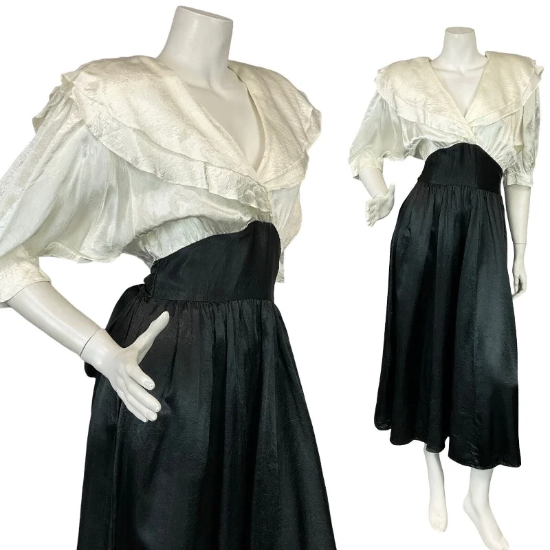 Price Smash VTG 70S CHOON WHITE BLACK BATWING BERTHA COLLAR TIE WAIST EVENING PARTY DRESS 4