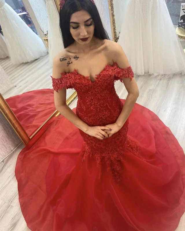 Flash Sale Mermaid Lace Beaded Prom Dresses Tulle Court Train