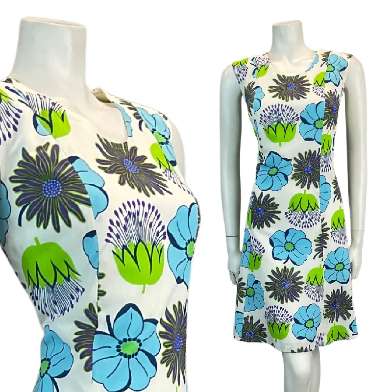 Big Discounts VTG 60S 70S WHITE BLUE GREEN FLORAL MOD A-LINE MINI DRESS 8 10