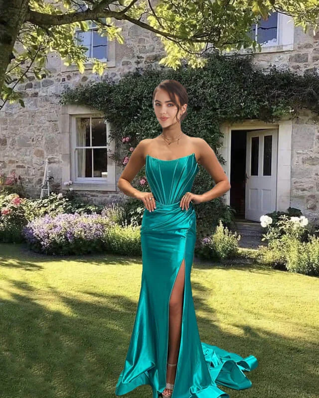 Midnight Madness Mermaid Jade Satin Strapless Dress
