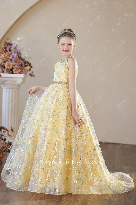 Massive Deals Ready To Ship | Flowers Rhinestone Halter Neck Kids Pageant Dress