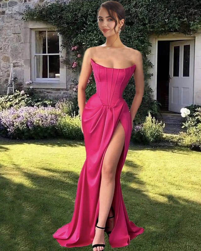 Daily Deals Mermaid Hot Pink Satin Strapless Slit Dress