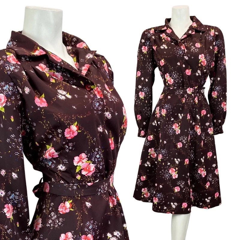 Lowest Price VINTAGE 60S 70S DRAK PURPLE PINK FLORAL BOHO MOD MIDI DRESS 12 14