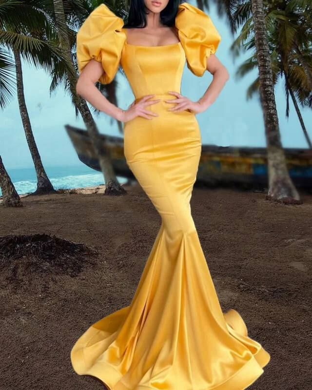 Exclusive Savings Mermaid Bright Yellow Puffy Sleeve Satin Dress