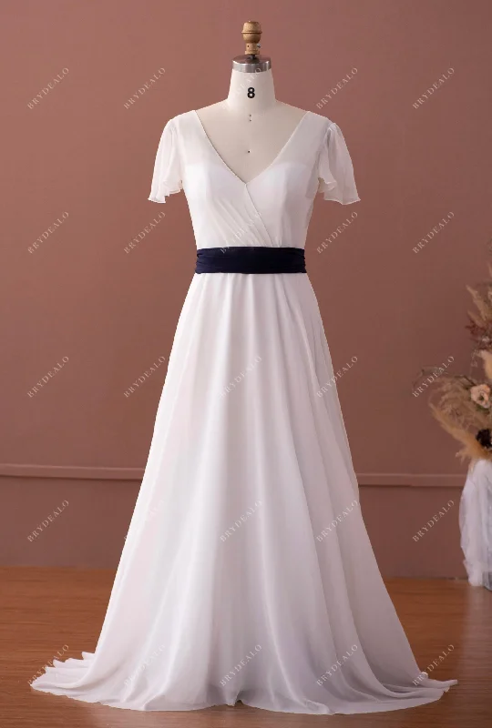 Mega Sale Silk Georgette Flutter Sleeve A-line Wedding Dress with Navy Sash