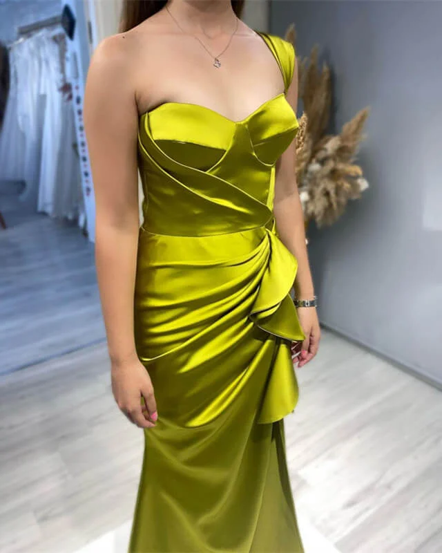 Price Slash Mermaid Army Green Satin Dress One Strap