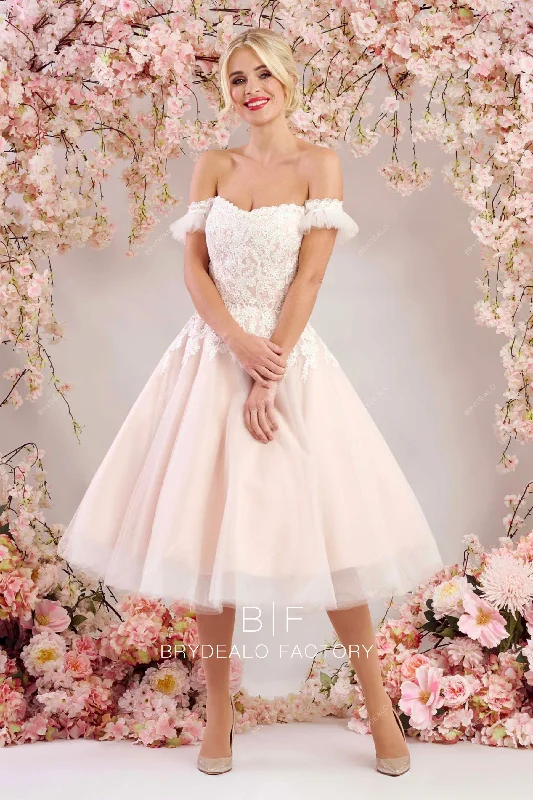 Great Deals Off Shoulder Lace Blush Tulle Tea Length Informal Bridal Dress