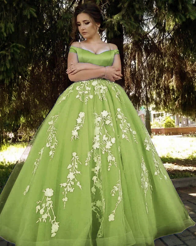 Exclusive Deal Ivory Lace Appliques Tulle Sage Ball Gown Dress