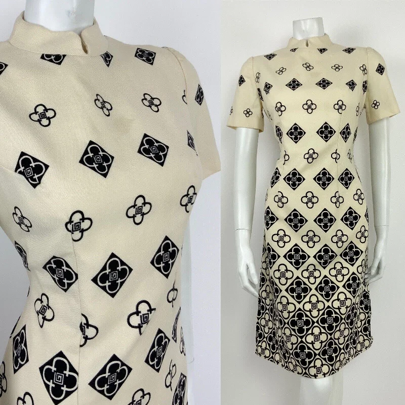 Shop and Save VINTAGE 60s 70s CREAM BLACK GEOMETRIC CHECKED FLORAL MANDARIN COLLAR DRESS 10 12