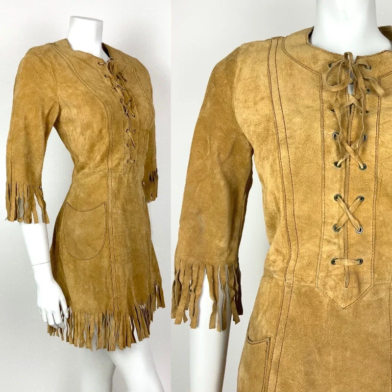Limited Stock VINTAGE 70s CAMEL BROWN TASSEL TASSLE LACE-UP SUEDE LEATHER BOHO FOLK DRESS 8