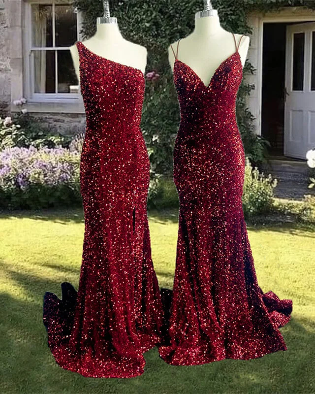 Year-End Sale Mermaid Maroon Sequin Formal Dress