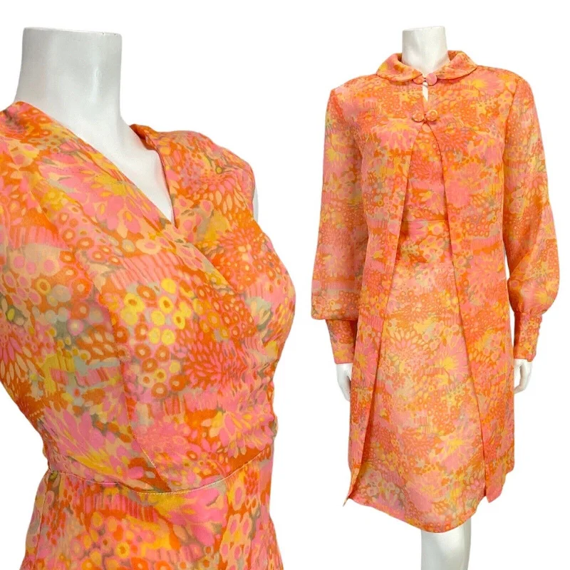 Weekend Deal VTG 60s 70s ORANGE PINK YELLOW PSYCHEDELIC FLORAL SLEEVELESS DRESS BED COAT 12