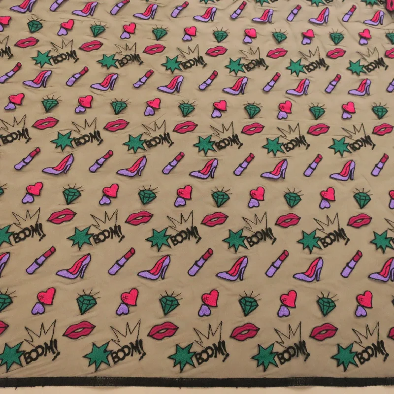 Friends and Family Sale Black Tulle Lipstick Hearts and Shoes Embroidered Fabric