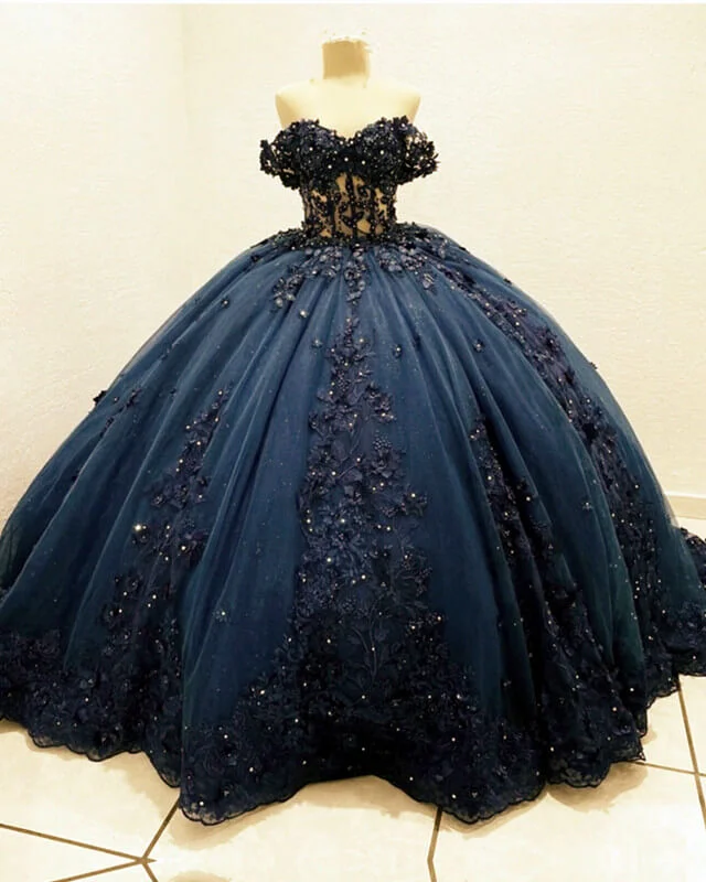 Fantastic Offers Navy Tulle Corset Dress With 3D Lace Flowers