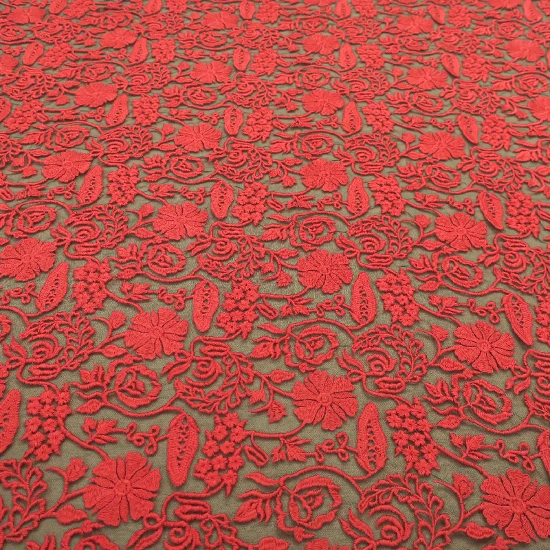 Super Bargain Black Tulle with Coral Floral Design Embroidered Fabric