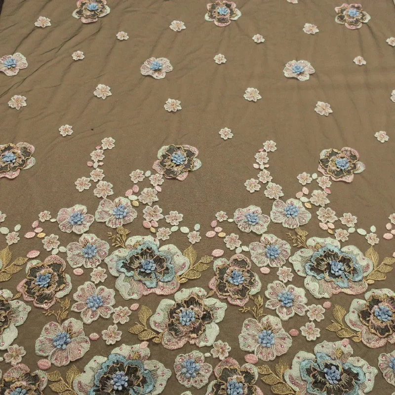 Deal Explosion Black Tulle with Pink and Light Blue Floral Design Embroidered Beads Fabric