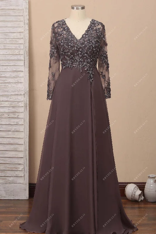 New Deals Beaded Chocolate Chiffon Sheer Sleeves Prom Dress